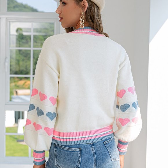 Simplee Heart Print Striped Contrast Cropped Cardigan - Picture 5 of 5